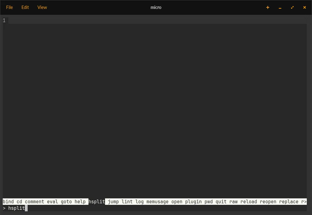 Micro's command bar showing autocomplete for the hsplit command
