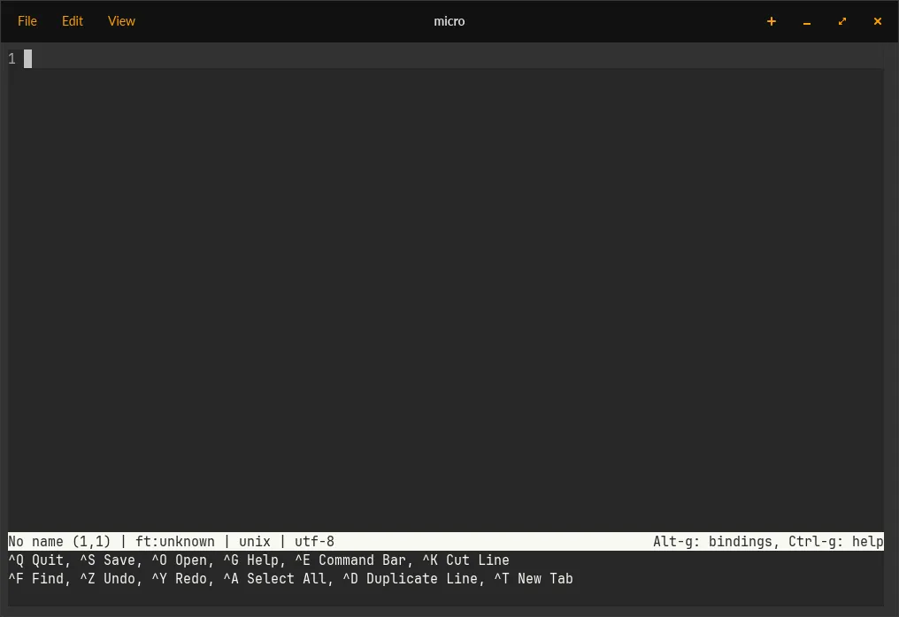 Micro's status bar showing 'Alt-g: bindings, Ctrl-g: help'