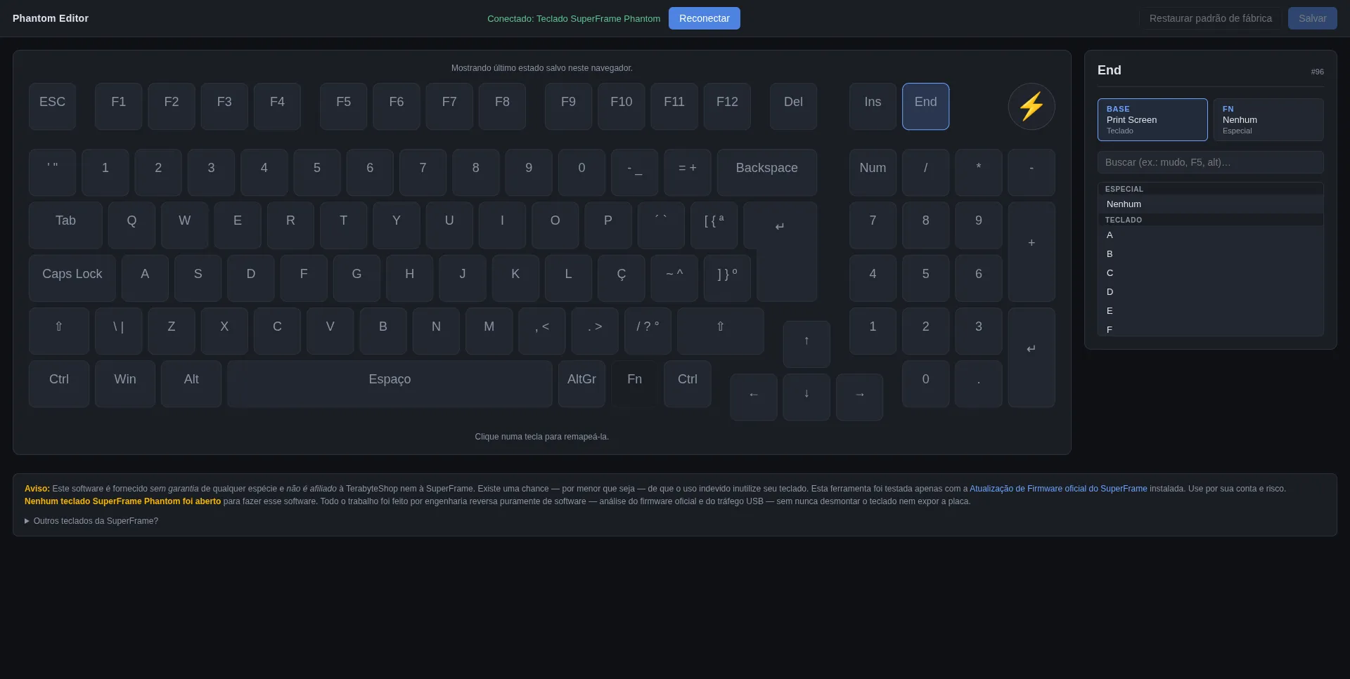 The Phantom Editor: a keyboard layout rendered in the browser, with the End key selected and a dropdown for picking what to remap it to.